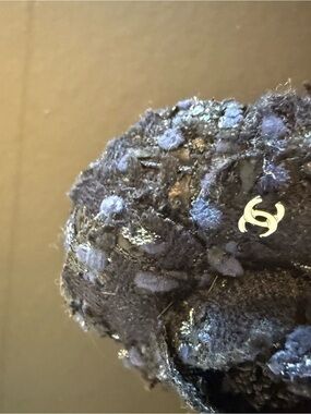 CHANEL Navy Blue Bouclé Camellia Brooch with Silver CC Accent